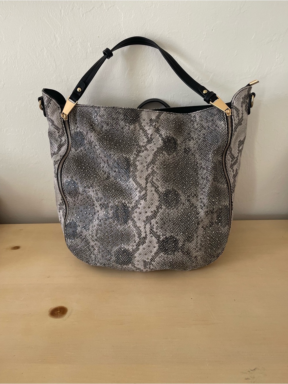 Grey snakeskin rhinestone hobo shoulder bag gold accents NWOT